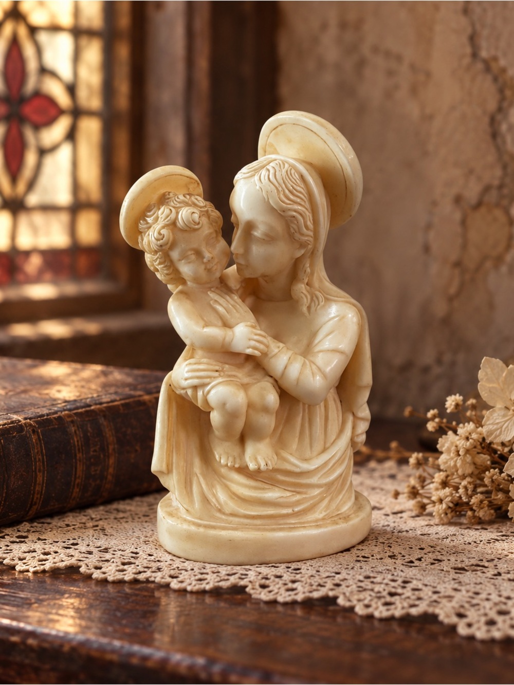 Vintage Bianchi Italy Madonna & Child Alabaster Resin Figurine Religious Statue